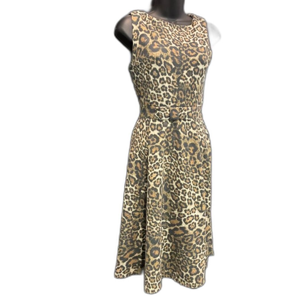 Leopard Print Zara Knit Dress w belted empire waist, sleeveless, knee length